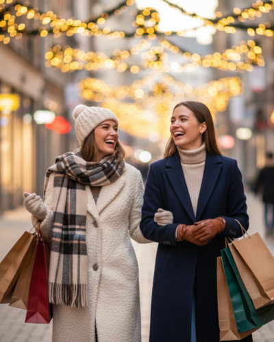 Site Deux jeunes femmes marchant côte à côte dans une rue commerçante européenne décorée pour Noël