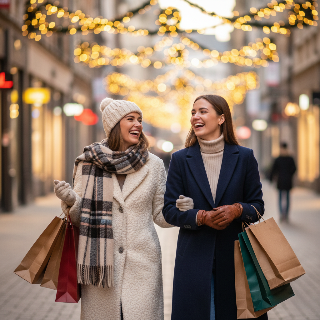 Deux jeunes femmes marchant côte à côte dans une rue commerçante européenne décorée pour Noël